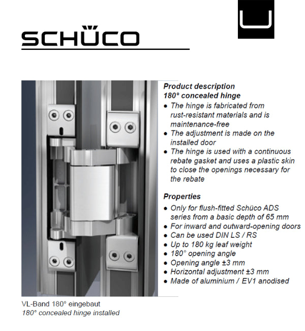 Schuco 240272 VL Band 180 Degree Concealed Hinge -10 No