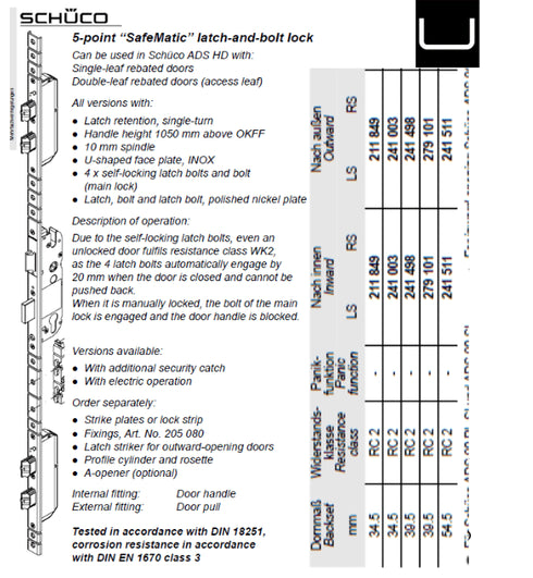 Schuco 241498 Five Point Lock - Latch and Bolt