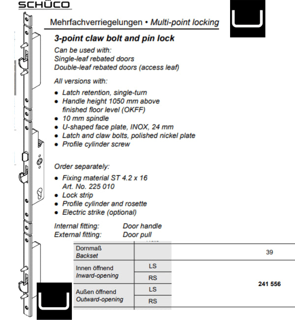 Schuco 241556 3-Hook Claw and Pin Lock System