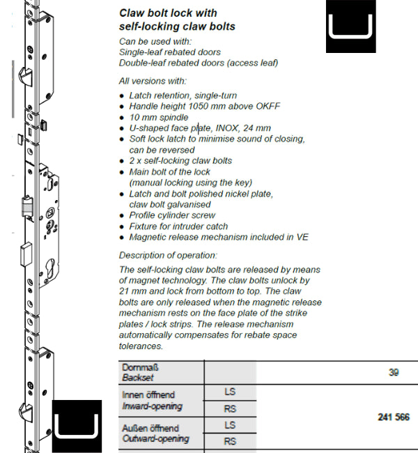 Schuco 241566 - 3 point claw bolt and pin lock