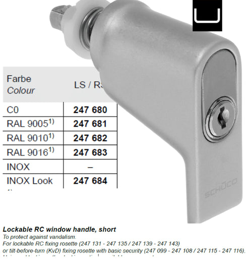 Schuco 247682 Security Push In Window Handle RAL 9010 Pure White