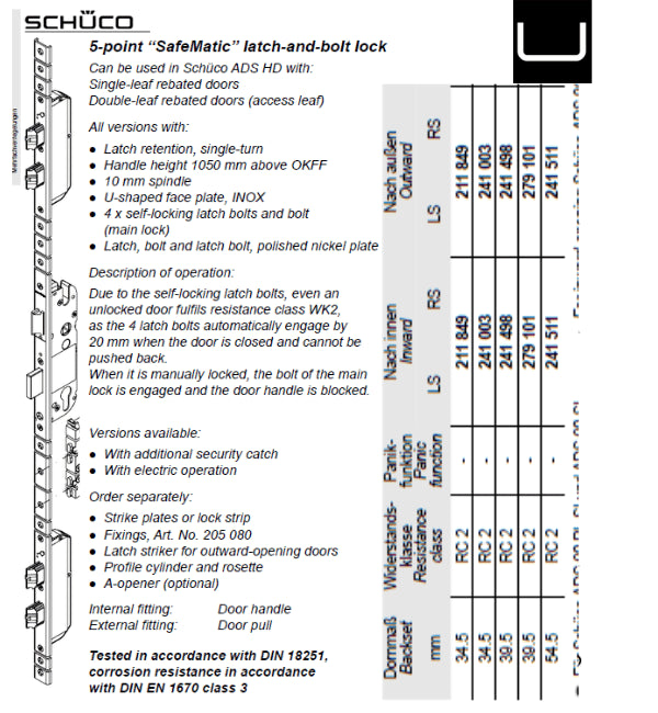 Schuco 241511 -54.5mm backset-5-point SafeMatic latch-and-bolt lock