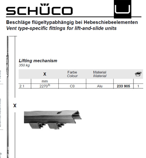 Schuco 233905 LIFT MECH.300KG EV1 for Schuco ASE 60 & 80 Lift and Slide Doors