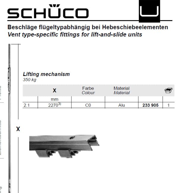 Schuco 233905 LIFT MECH.300KG EV1 for Schuco ASE 60 & 80 Lift and Slide Doors