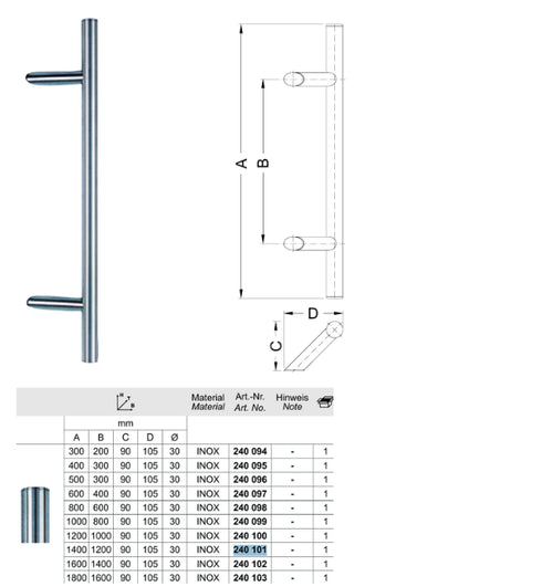 Technical drawing and dimensions of a stainless steel door handle on a white background