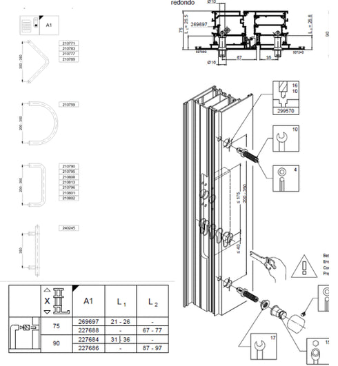 Schuco 227684-Pair of Fixing Kit Type A1 for Schuco Round Door Pull Handle on Schuco AD UP 90