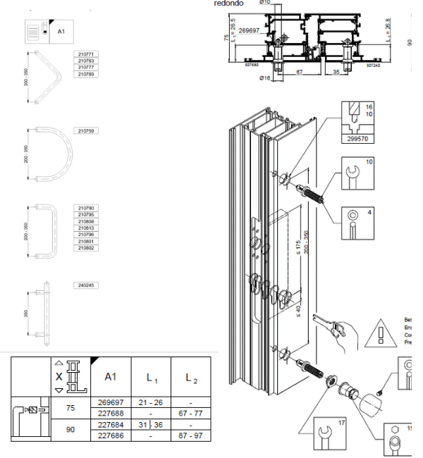 Schuco 227684-Pair of Fixing Kit Type A1 for Schuco Round Door Pull Handle on Schuco AD UP 90