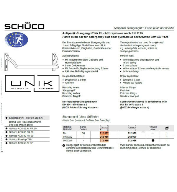 Schuco 212958 INOX A2 Push Bar (without hollow bar handle) A2 S. Steel- Commercial Grade Panic Hardware for Emergency Exit Systems