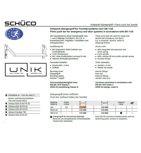 Schuco 212957 Push Bar (without hollow bar handle) Alu- Commercial Grade Panic Hardware for Emergency Exit Systems