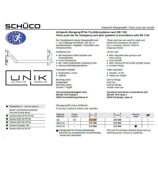 Schuco 212957 Push Bar (without hollow bar handle) Alu- Commercial Grade Panic Hardware for Emergency Exit Systems