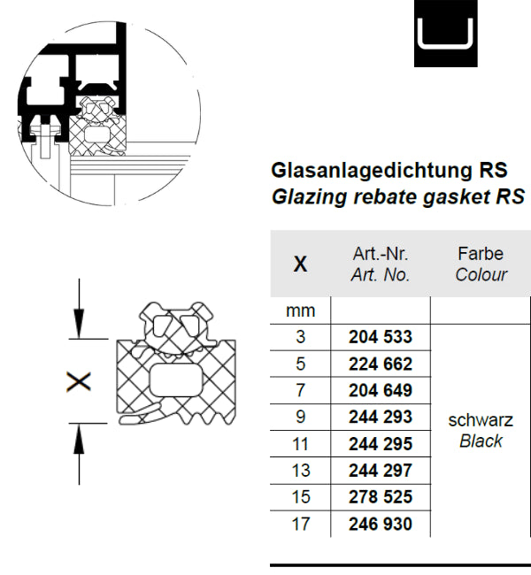 Schuco 244297-13 mm Glazing Rebate Gasket RS -100 m