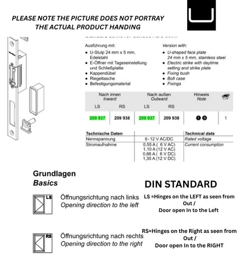 German technical instruction sheet showing a door strike and hinge assembly with notes, dimensions, and DIN standard markings.