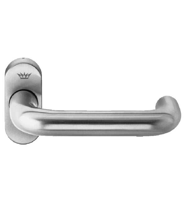 Stainless steel door handle on a white background