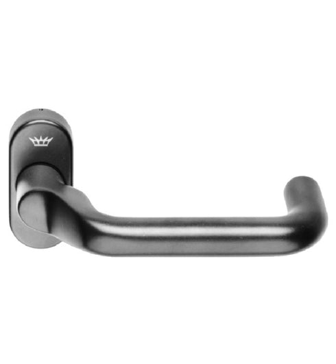 Black door handle with a visible brand logo on a white background