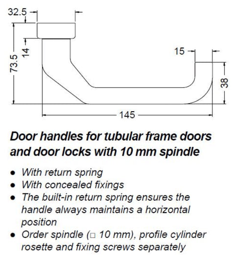 Technical drawing of a door handle with dimensions and specifications.