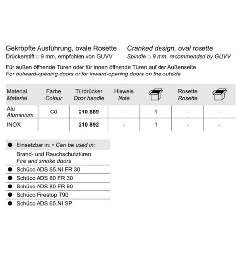 Technical product sheet with material options and specifications for door handles.