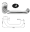 Stainless steel door handle with dimensions and certification logos on a white background