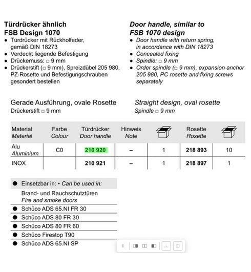 Technical product specification sheet for a door handle with FSB Design 1070 reference