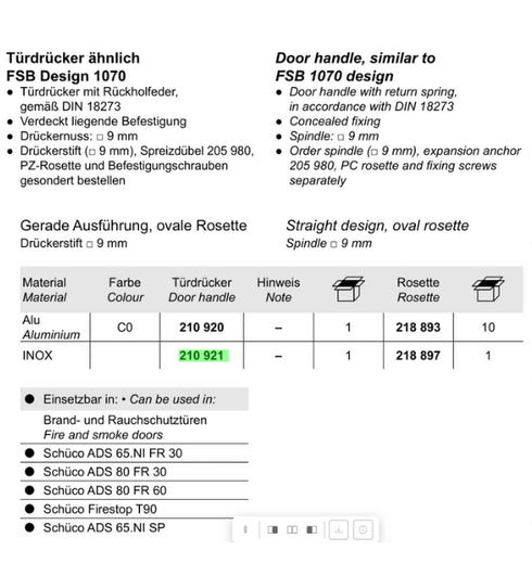 Schuco 210921 Door Handle Similar to FSB Design 1070 Stainless Steel - Straight