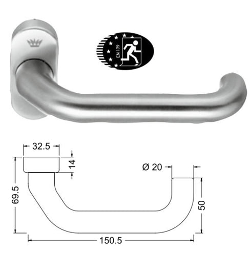 Stainless steel door handle with dimensions on a white background