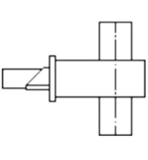 Technical drawing of a mechanical component with a cylindrical shaft and rectangular housing.
