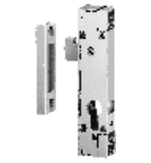 Metal door handle and lock mechanism on a white background