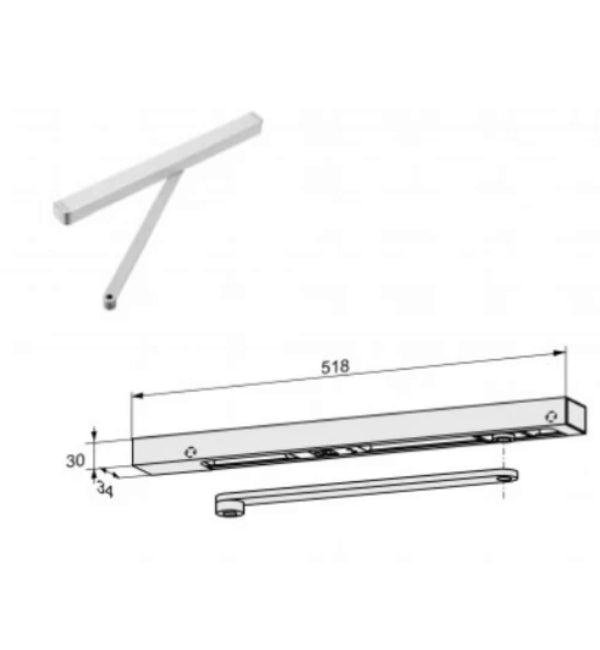 Set of bathroom fixtures including a shower head, arm, and bracket on a white background with measurements.