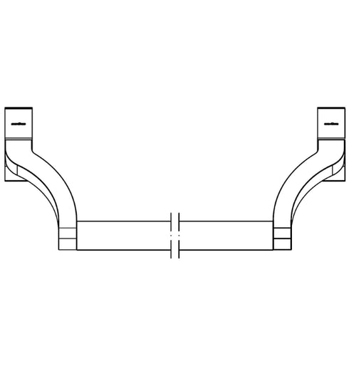 Technical drawing of a mechanical component with curved ends and central cylindrical section.