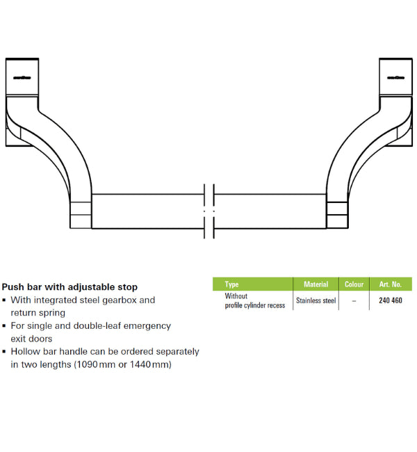 Technical drawing of a push bar with adjustable stop on a white background