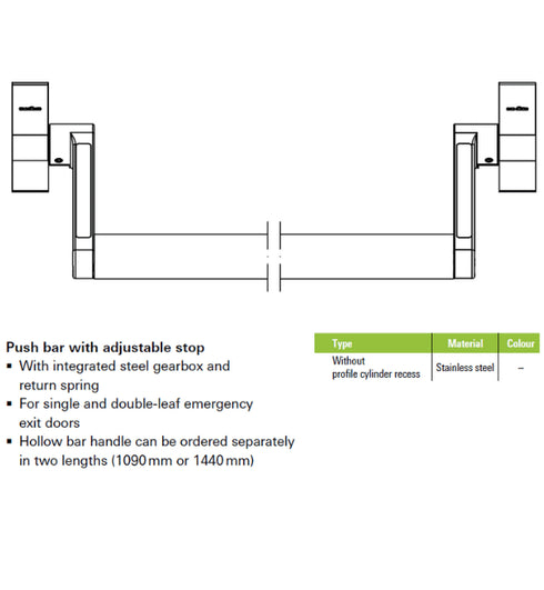 Schuco 212968 Push Bar with Adjustable Stop Stainless Steel - Without Profile Cylinder Recess