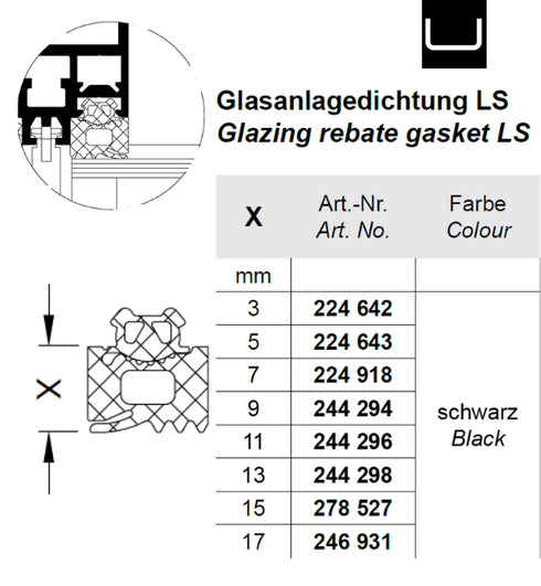 Schuco 244294-9 mm Glazing Rebate Gasket LS -100 m