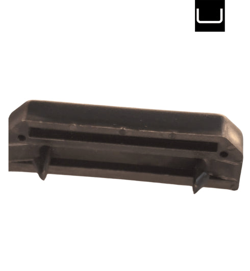 Black plastic component on a white background
