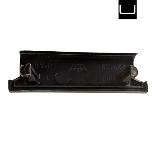 Black plastic component with branding on a white background