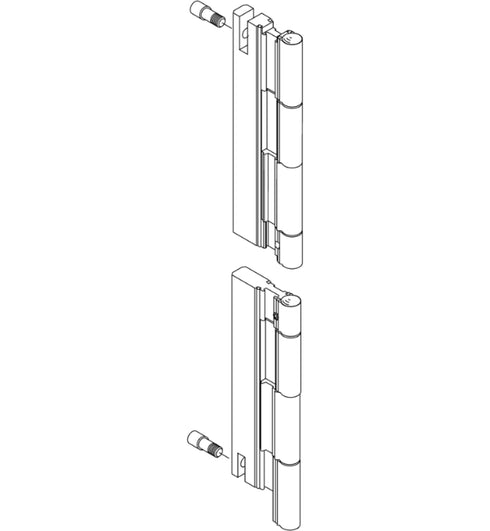Technical drawing of a door hinge assembly on a white background