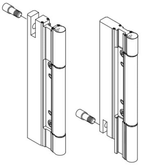 Technical drawing of a door handle mechanism on a white background
