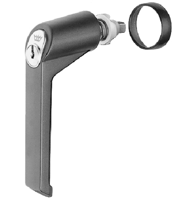 Metal door handle with keyhole on a white background