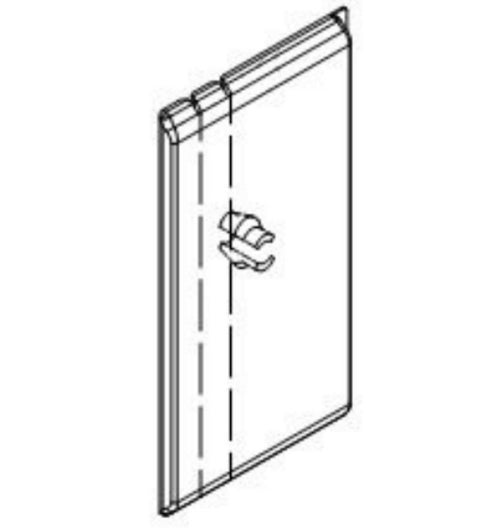 Line drawing of a shower door with a handle on a white background