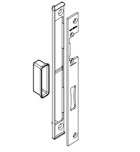 Black and white line drawing of a door handle mechanism on a white background