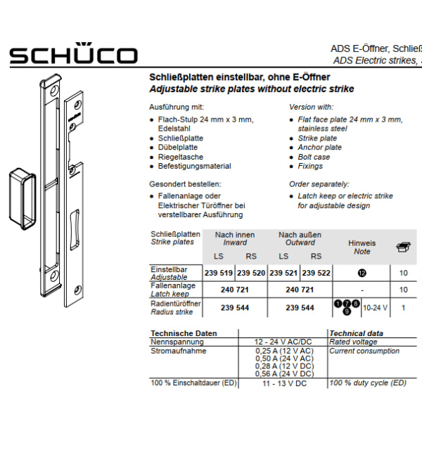 Schüco adjustable strike plates for door hardware with specifications and illustrations.