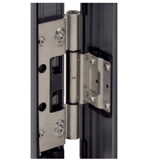 Metal door hinge on a white background