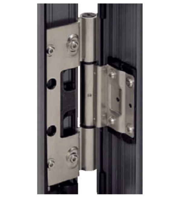 Metal door hinge on a white background