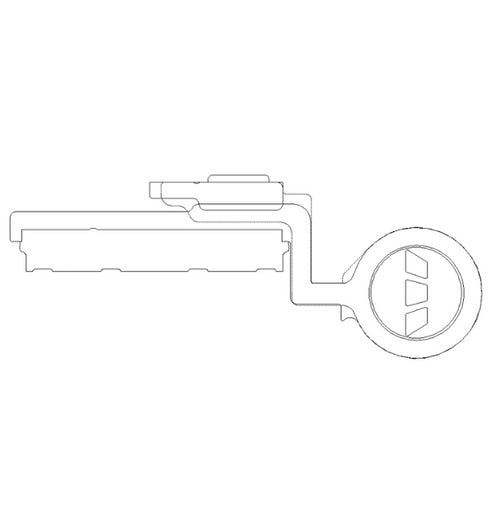 Technical drawing of a mechanical component with a key-like shape on a white background