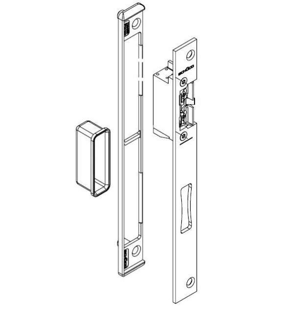 Technical drawing of a door lock mechanism on a white background