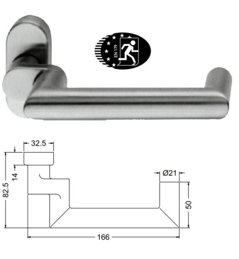 Stainless steel door handle with dimensions and certification logo on a white background