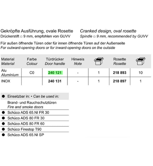 Technical product specification sheet with material, color, and door handle information on a white background.