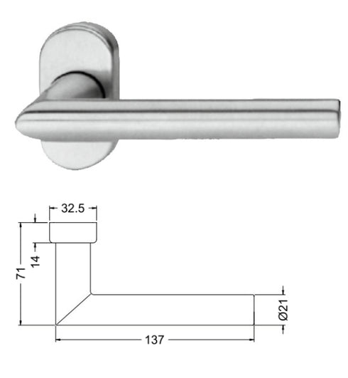 Stainless steel door handle with dimensions on a white background