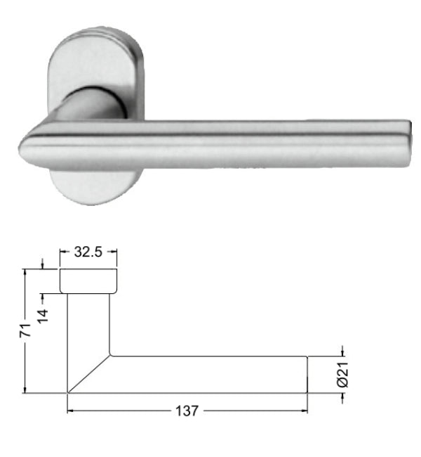 Stainless steel door handle with dimensions on a white background