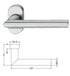 Stainless steel door handle with dimensions on a white background