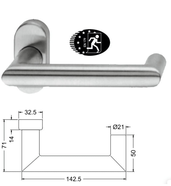 Stainless steel door handle with dimensions and certification logo on a white background