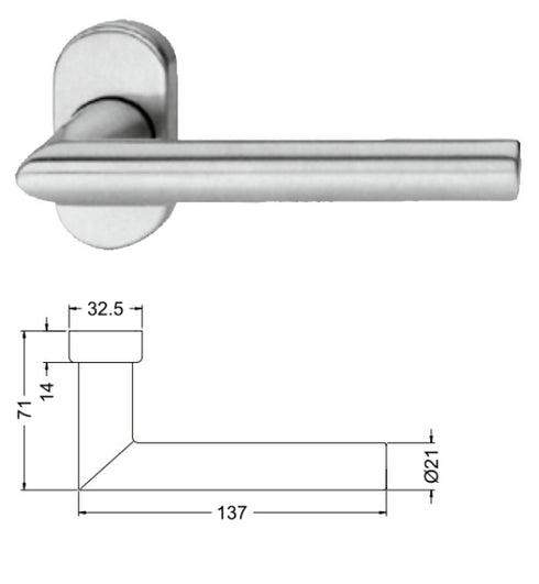 Stainless steel door handle with dimensions on a white background